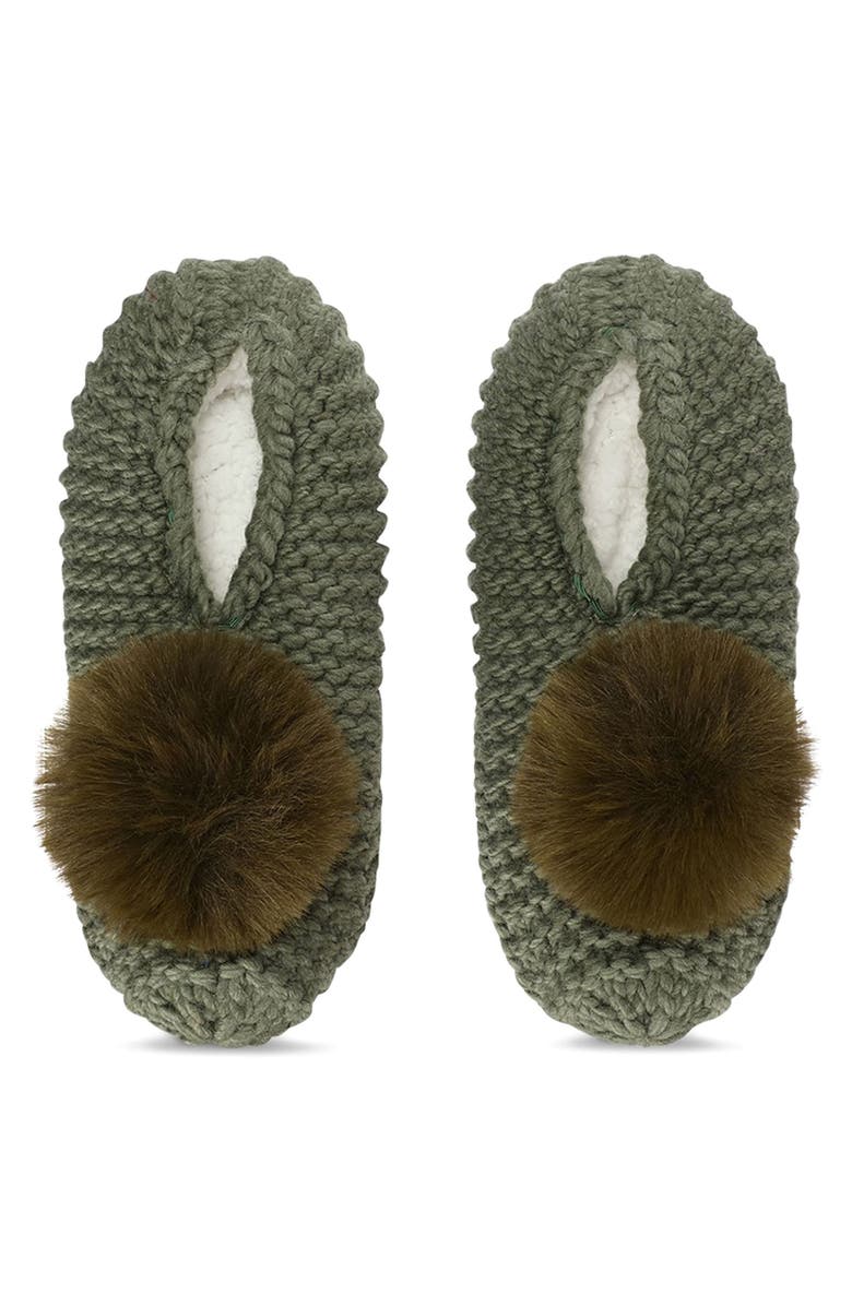 MeMoi Faux Fur Pompom Faux Shearling Lined Slipper Socks, Main, color, Moss Green