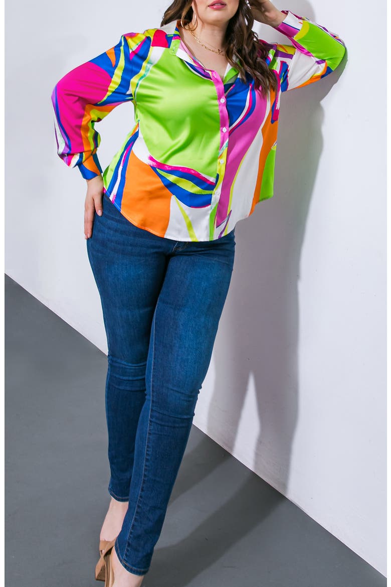 Print Woven Satin Button-Up Shirt, Alternate, color, PINK GREEN