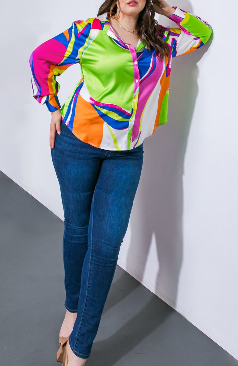 FLYING TOMATO Print Woven Satin Button-Up Shirt, Alternate, color, Pink Green