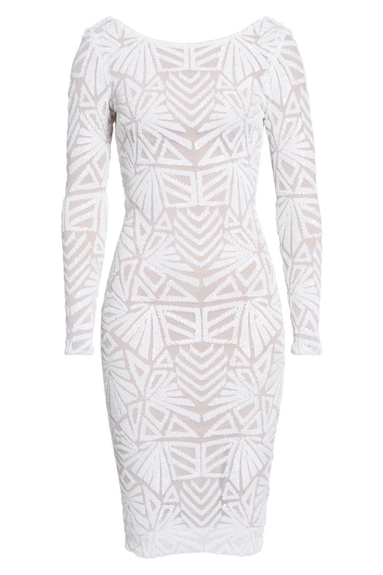 Emery Long Sleeve Sequin Cocktail Dress, Main, color, WHITE/ NUDE