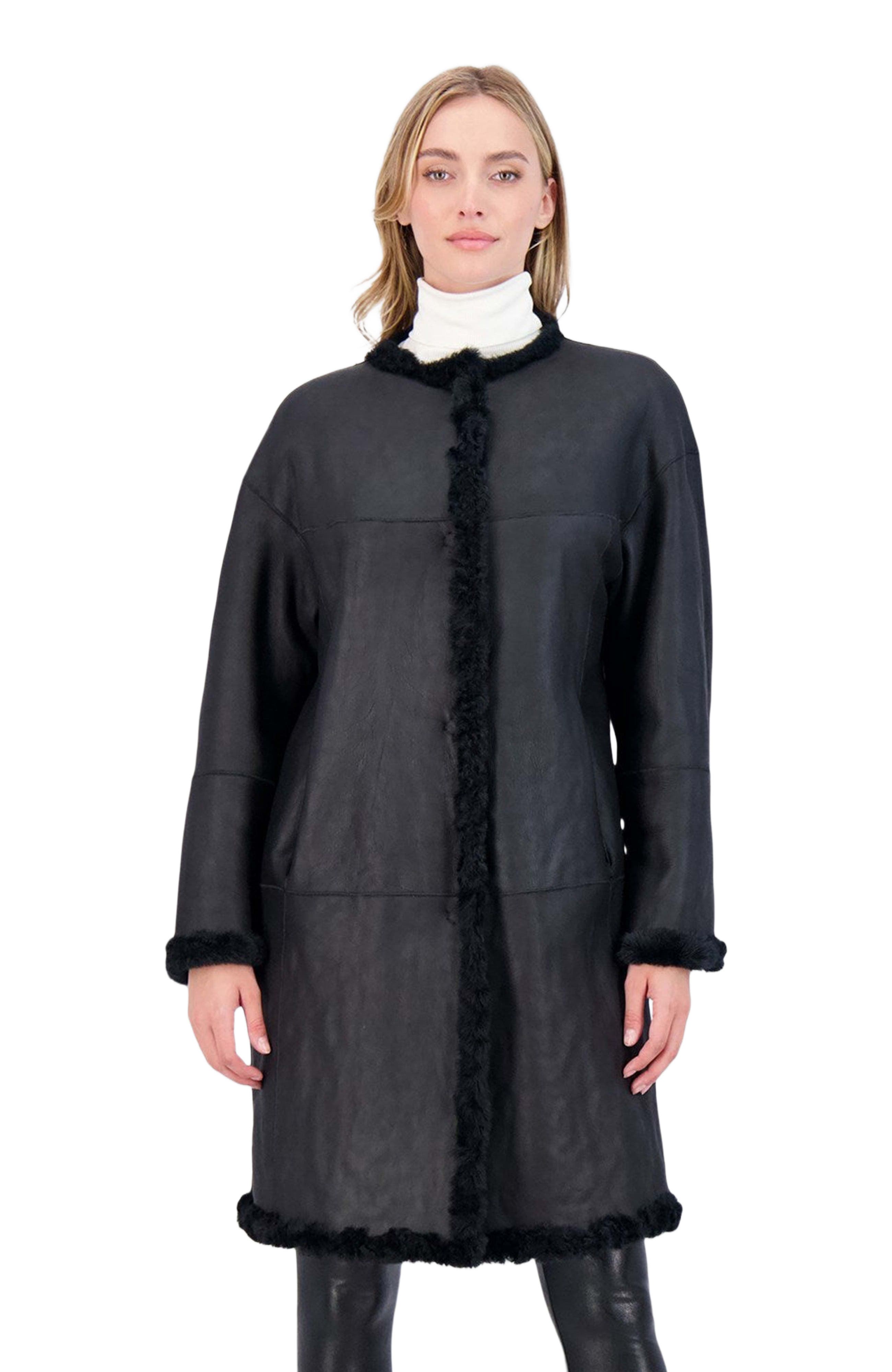 Reversible Collarless Genuine Shearling Short Coat