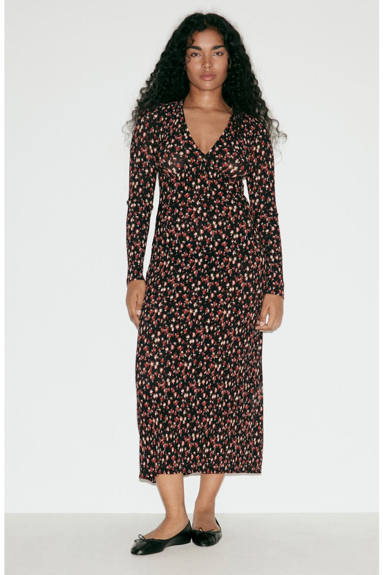 Floral Print Long Sleeve Maxi Dress, Alternate, color, BLACK