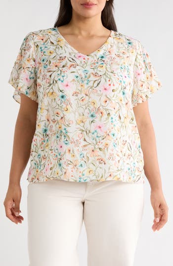 Vince Camuto Print Tulip Sleeve Top in Antique White at Nordstrom Rack, Size 2X
