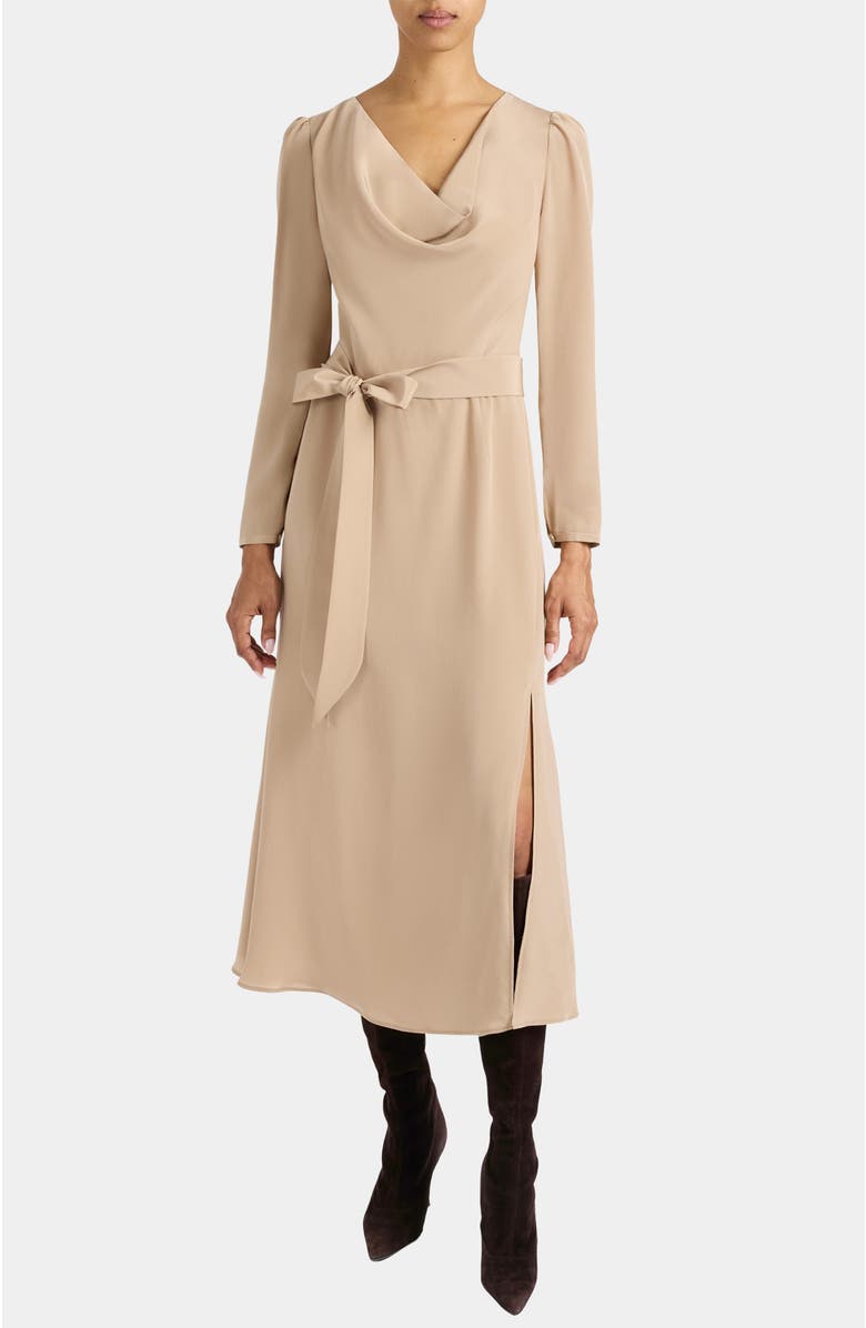 Santorelli Piper Long Sleeve Cowl Neck Silk Dress, Main, color, Hazelwood