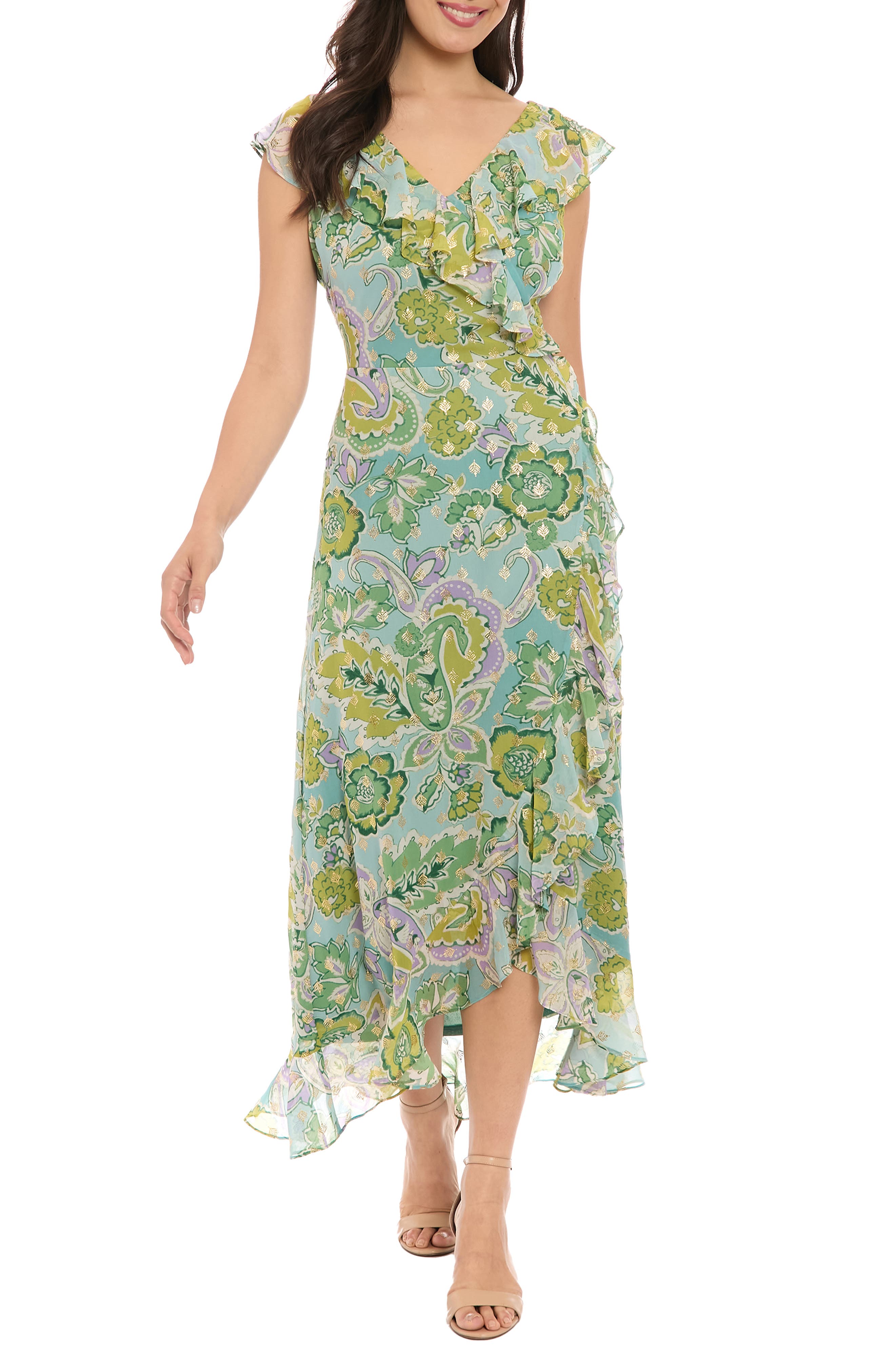 London Times Ruffle Faux Wrap Maxi Dress