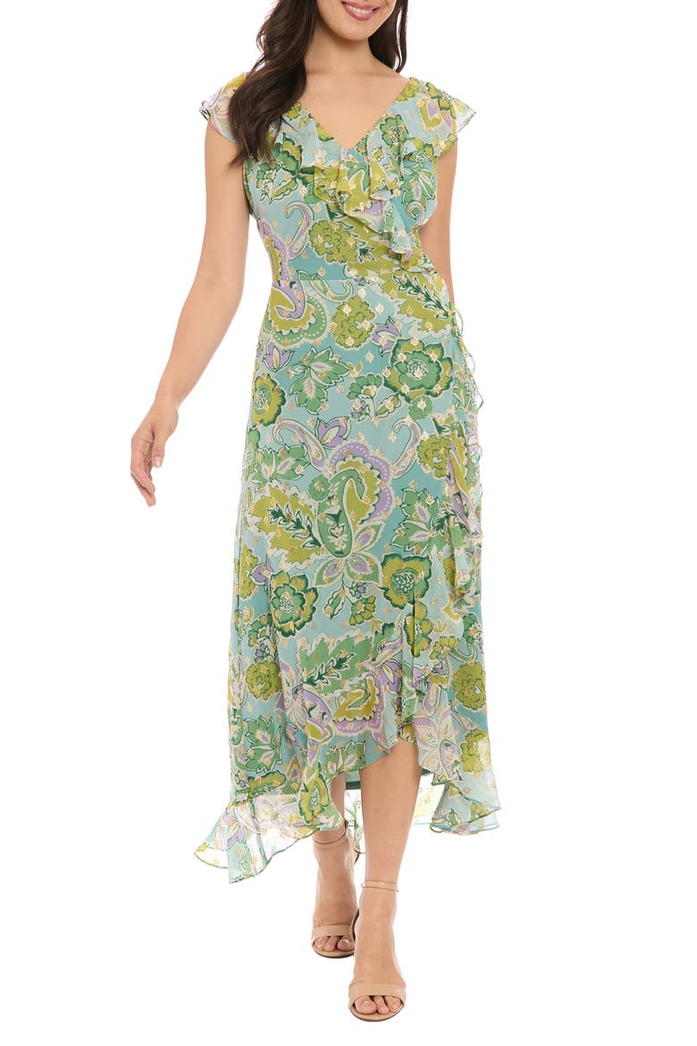 Ruffle Faux Wrap Maxi Dress, Main, color, AQUA/ GREEN