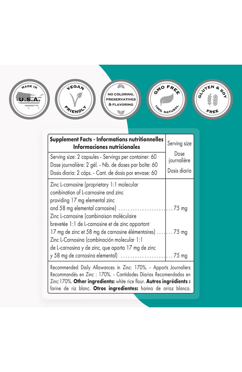 SuperSmart Zinc L-Carnosine 75mg, Alternate, color, NO COLOR