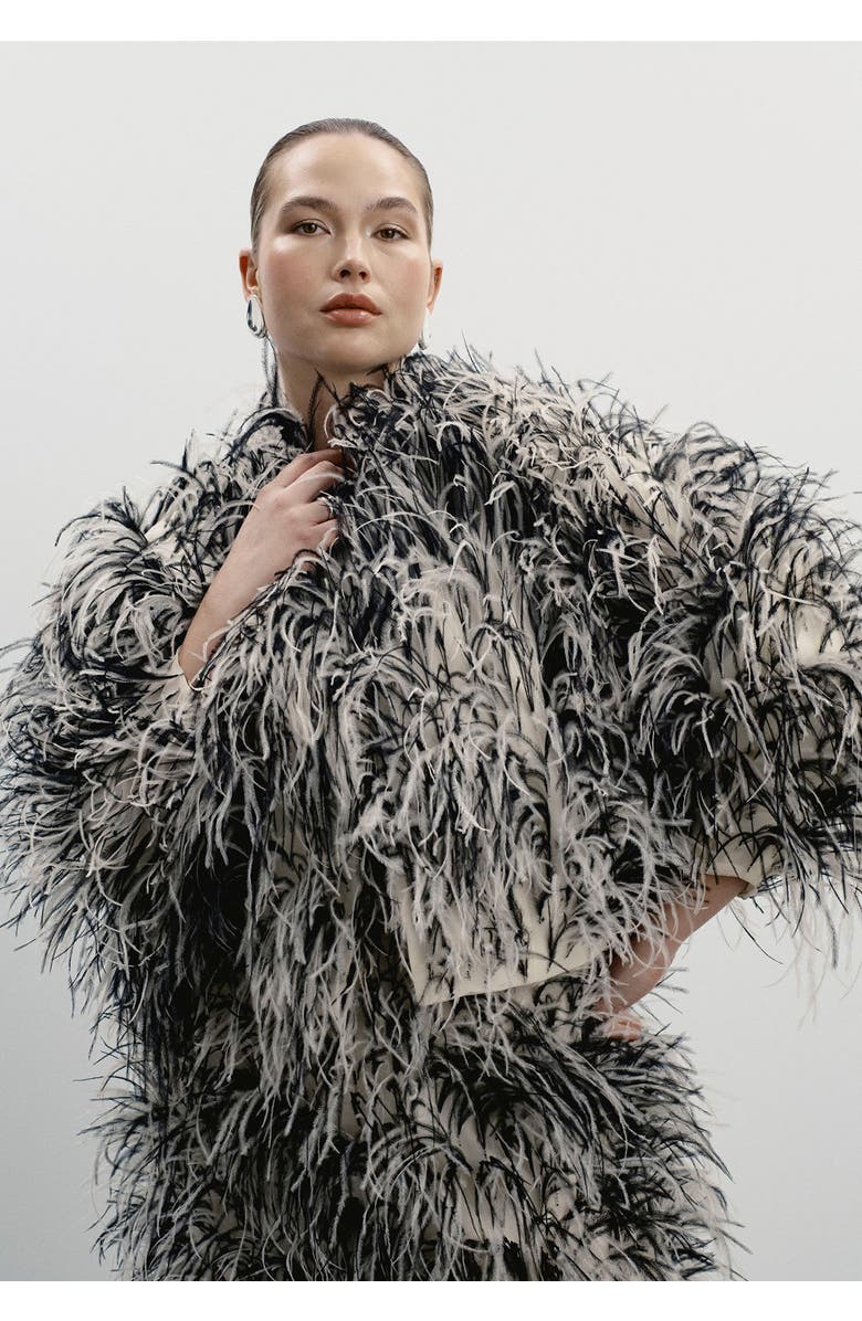 11 Honoré Ostrich Feather Cropped Jacket, Main, color, Cream And Black