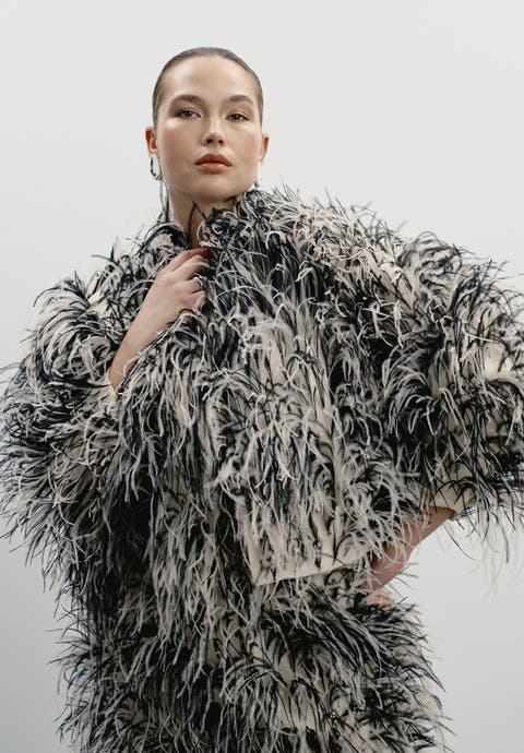 Ostrich Feather Cropped Jacket (Plus)