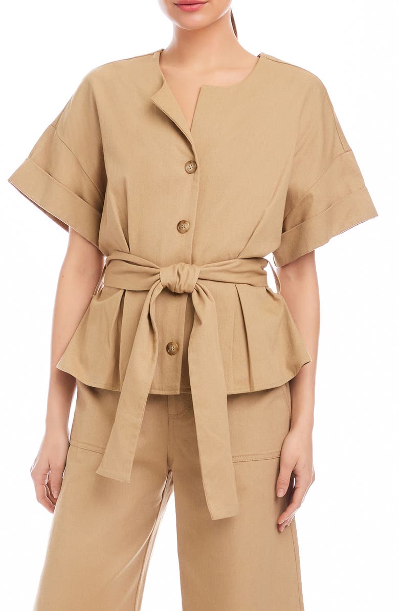 FIFTEEN TWENTY Kai Belted Cotton Stretch Twill Top, Main, color, Khaki