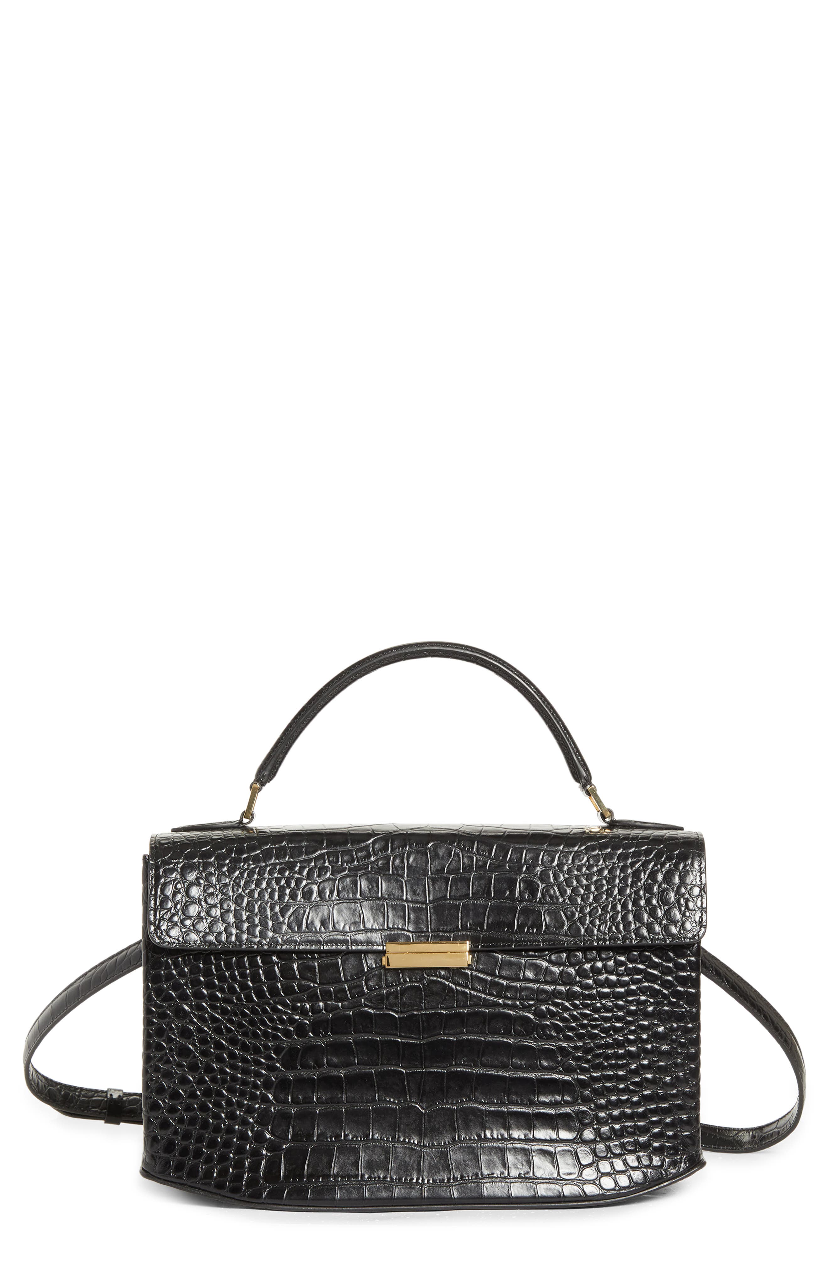 TOTEME Clip Croc-Embossed Leather Top Handle Bag, Main, color, Black