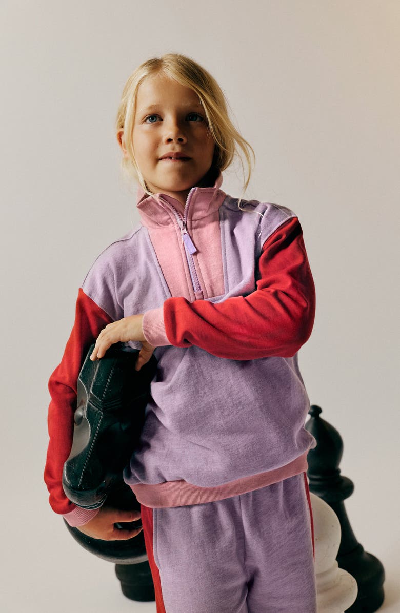 Mini Boden Kids' Colorblock Half Zip Sweatshirt, Alternate, color, Purple/ Red