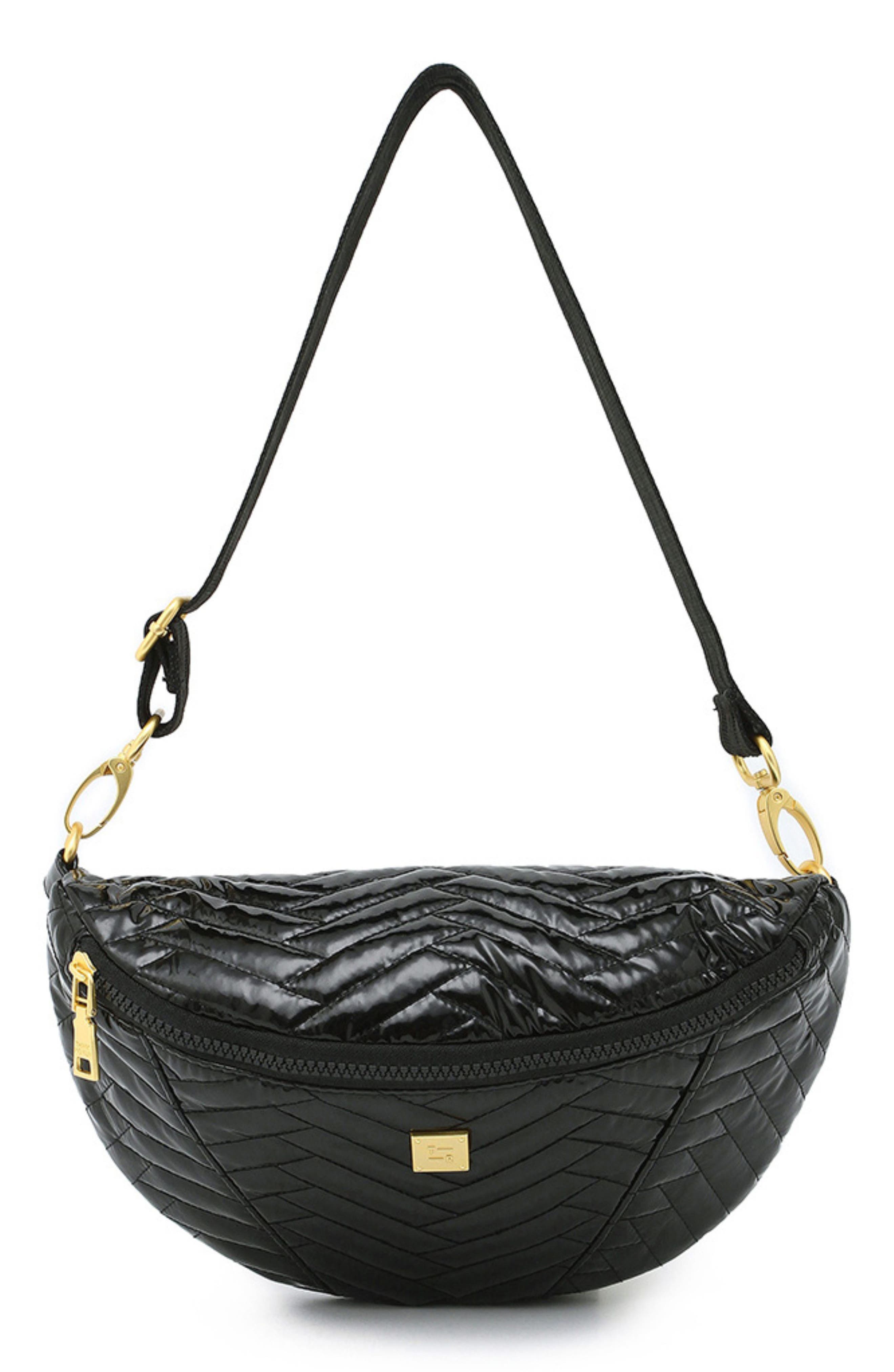 Little Runaway Moto Quilted Shoulder Bag, Main, color, BLACK PATENT NYLON