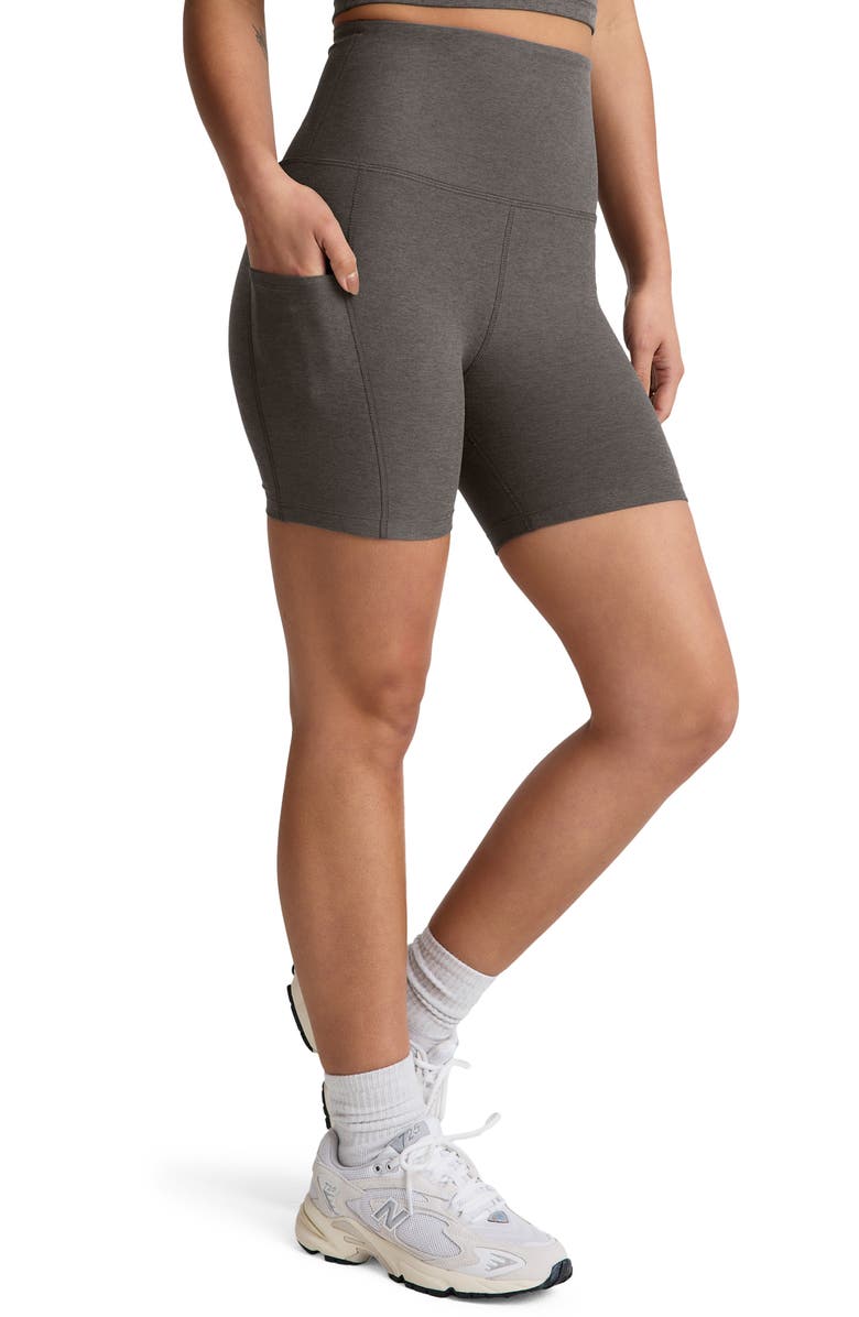 Beyond Yoga Space Dye Keep Pace Bike Shorts, Alternate, color, True Gray Heather