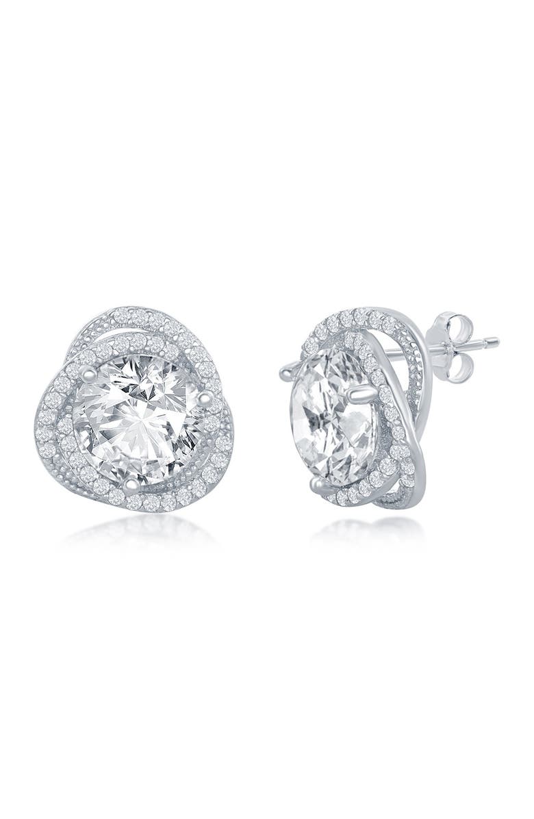 SIMONA Sterling Silver Round-Cut CZ Flower Design Stud Earrings, Main, color,