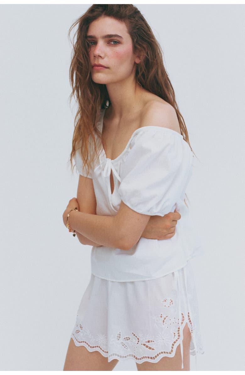 H&M Puff-sleeved Linen-blend Blouse, Alternate, color, White