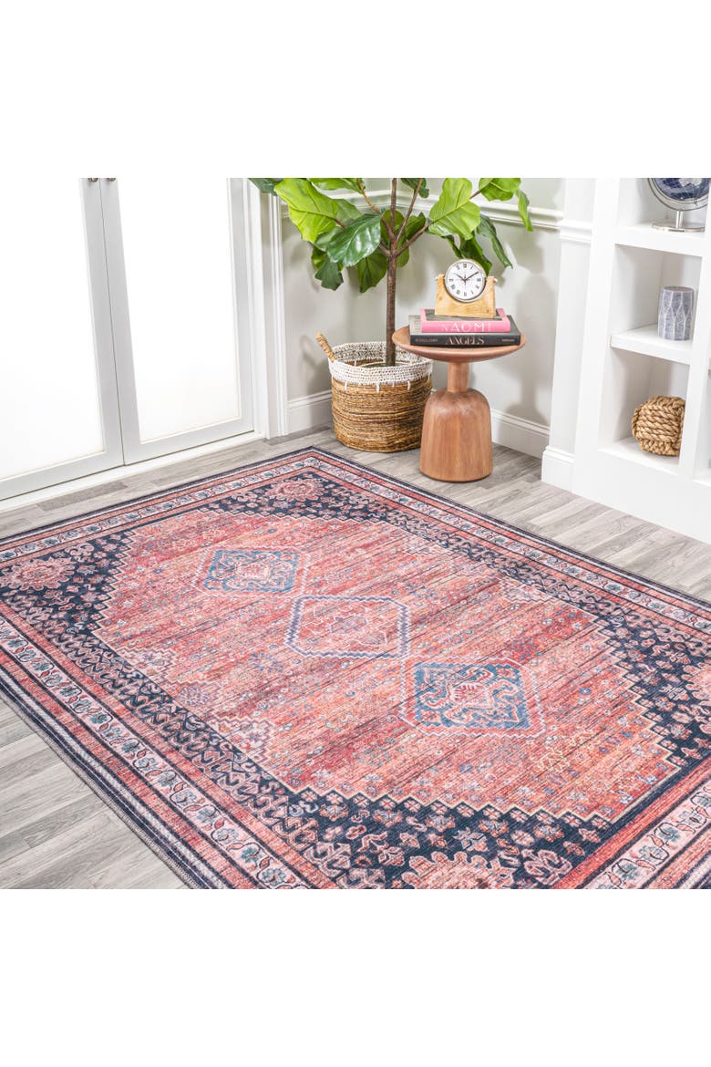 Dalyan Geometric Medallions Machine-Washable Area Rug, Alternate, color, Terra/Navy-Round