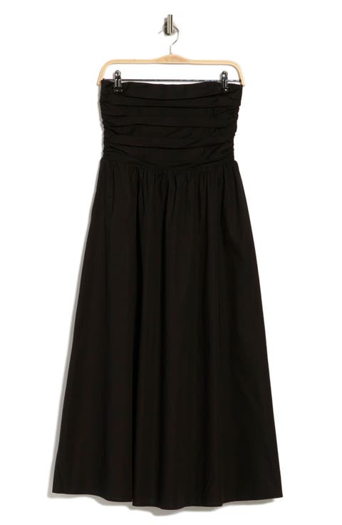 <p>Ruched Strapless Midi Dress</p>