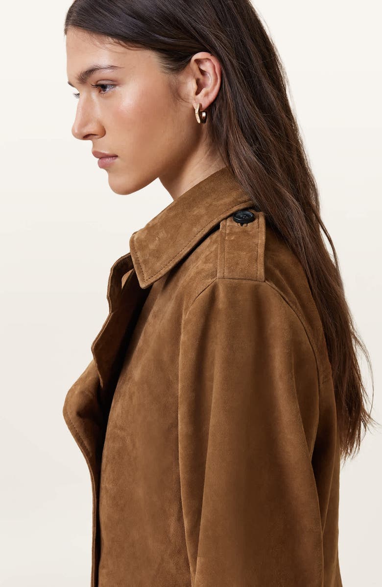 AllSaints Hendry Suede Crop Trench Coat, Alternate, color, Sugar Brown