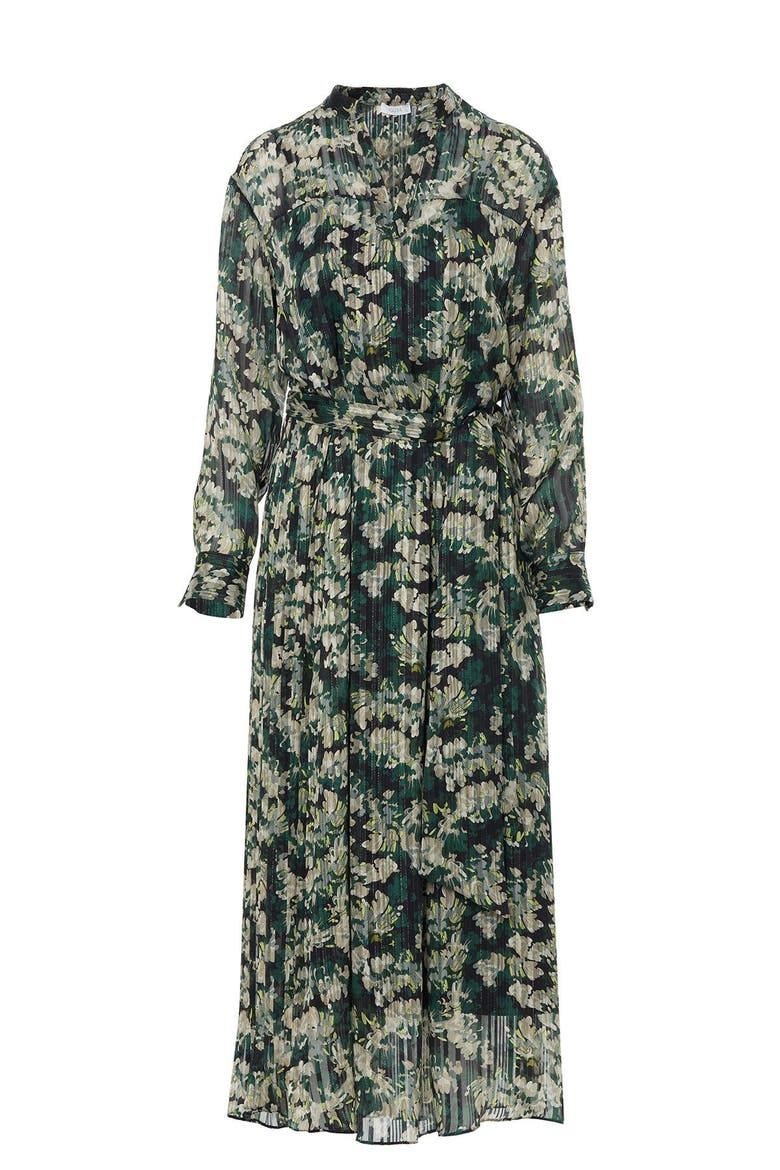 Mandarin Collar Patterned Maxi Dress with Belt, Main, color, Green