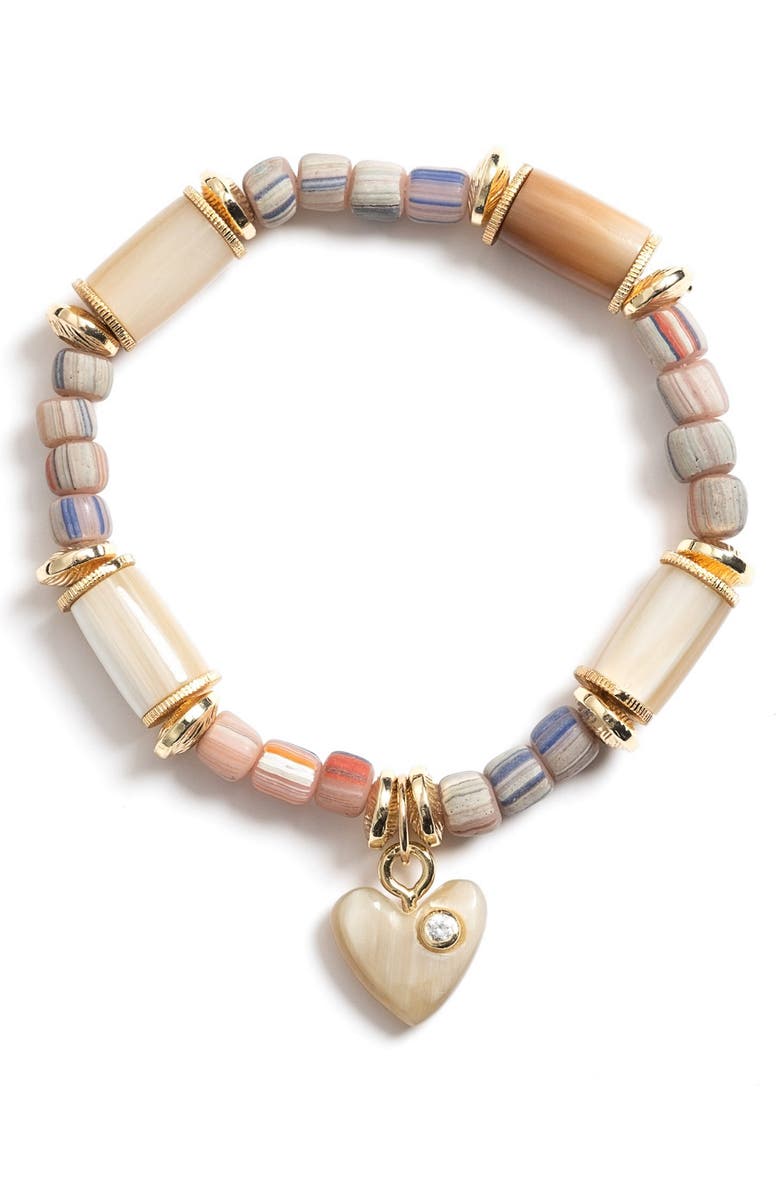 Akola Jasmine Heart Charm Beaded Stretch Bracelet, Main, color,