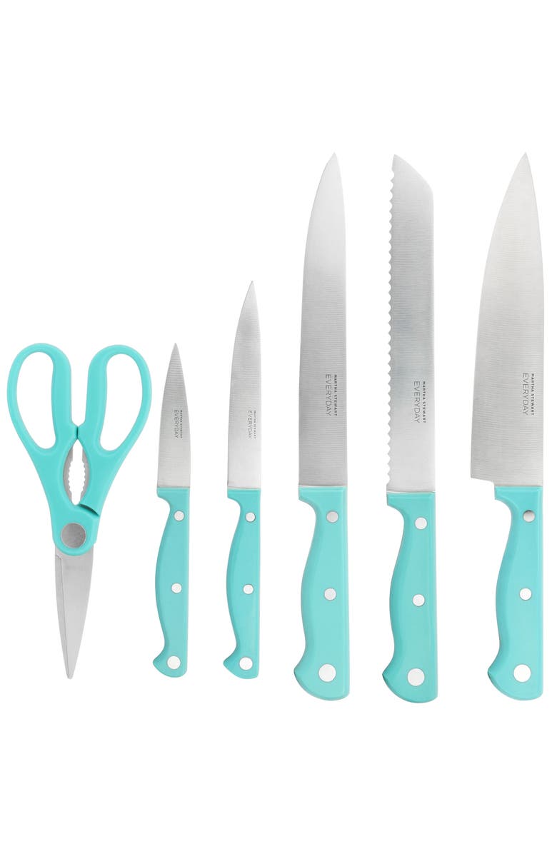 Martha Stewart Everyday Keswick 7 Piece Stainless Steel Cutlery and Wood Block Set, Alternate, color, Teal