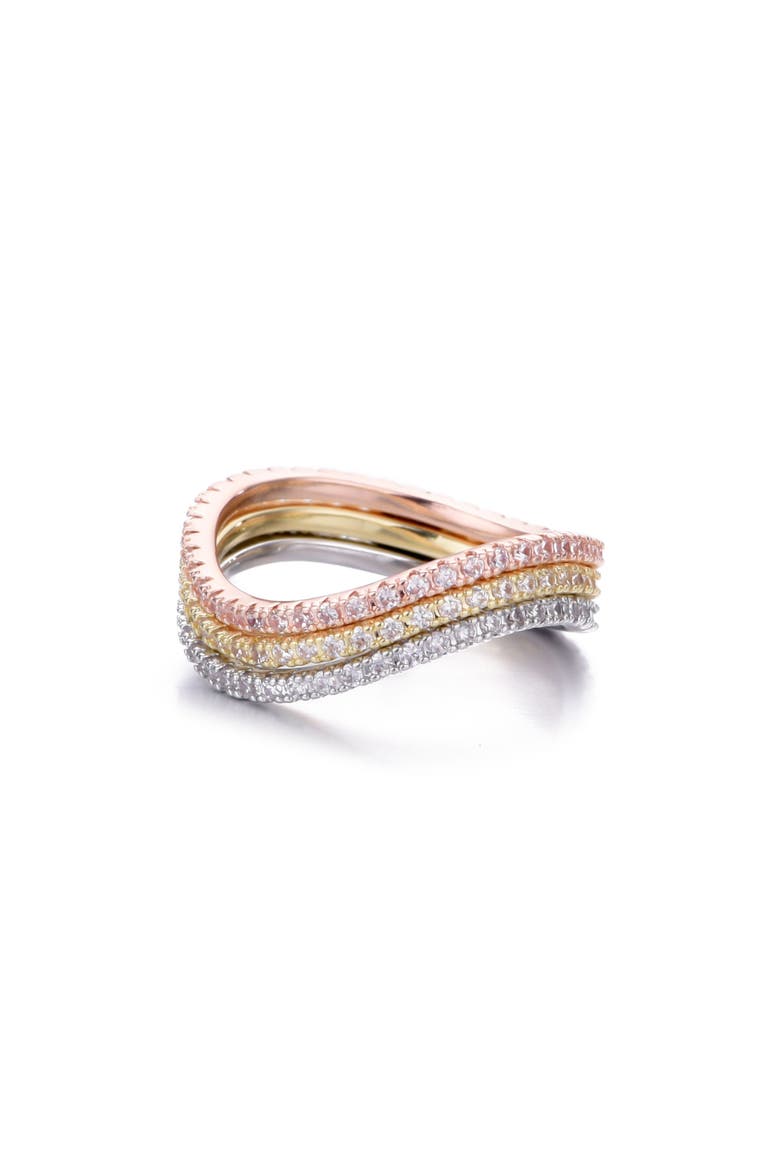 Set of 3 Cubic Zirconia Tri-Tone Curved Eternity Band Rings, Main, color, GOLD