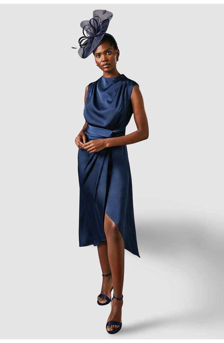 Coast Satin Twist Waist Midi Dress, Main, color, Navy