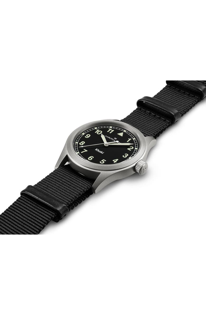Hamilton Khaki Field NATO Strap Watch, 38mm, Alternate, color, Black