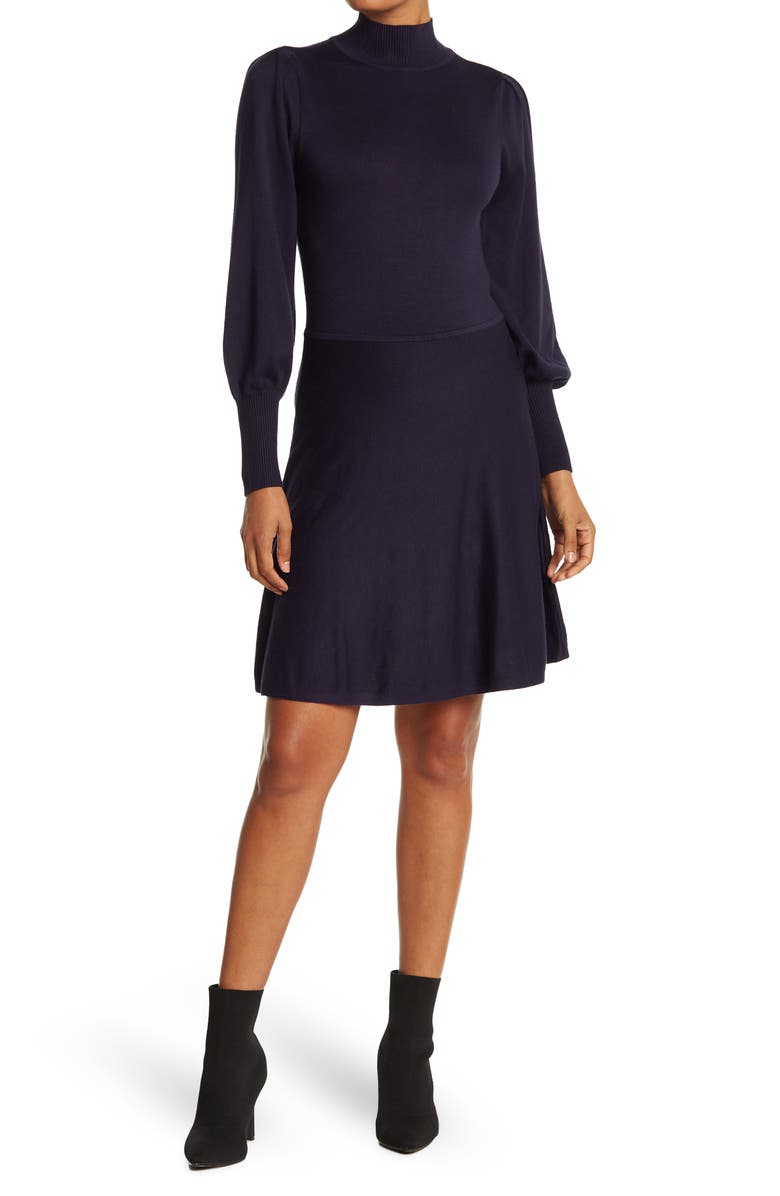 Vince Camuto Mock Neck Fit & Flare Sweater Dress, Main, color,