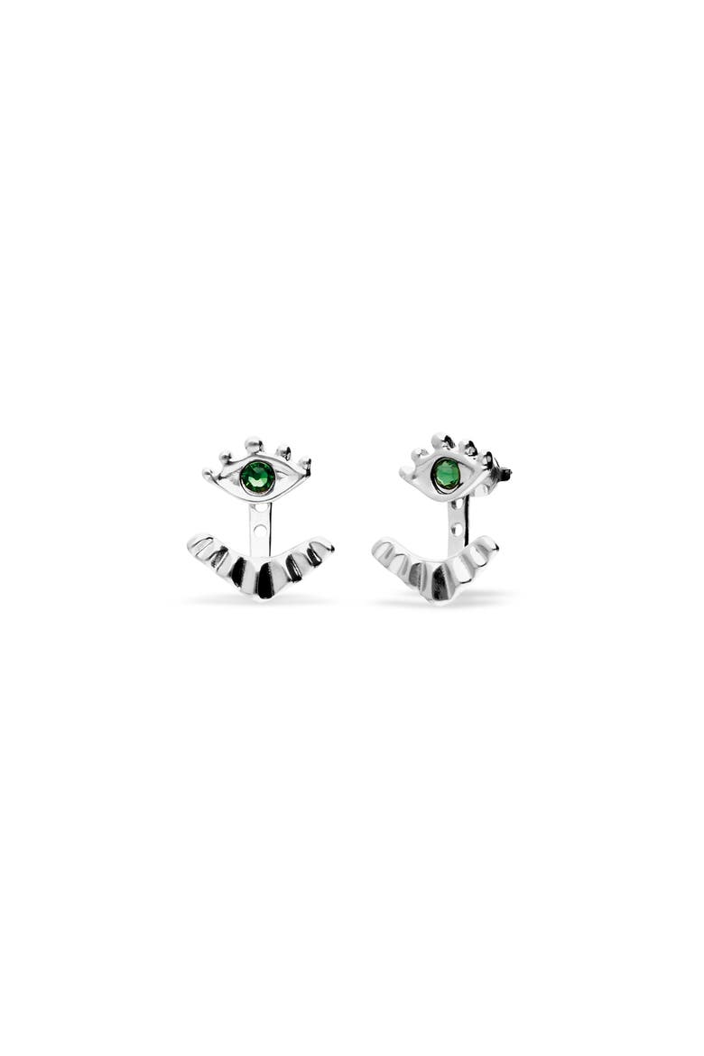 Silver-Plated Earrings with Detachable Eyelashes and Green Crystal, Main, color, Silver