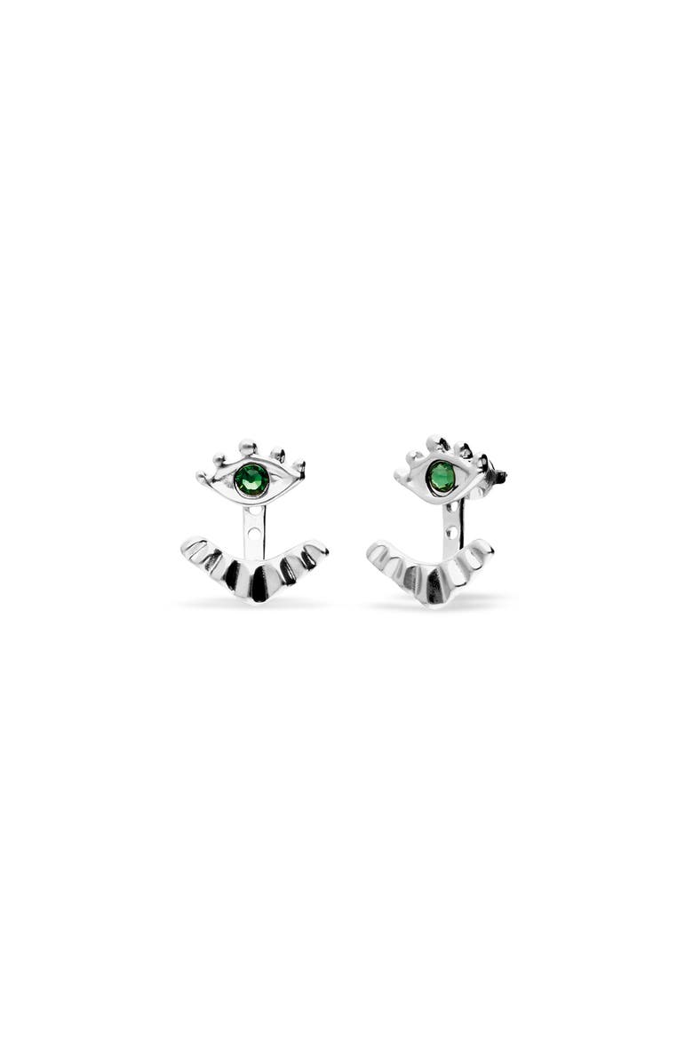 UNODE50 Silver-plated earrings with detachable eyelashes and green crystal, Main, color, Silver
