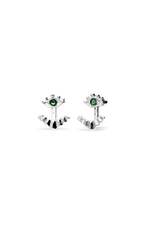 Silver-plated earrings with detachable eyelashes and green crystal
