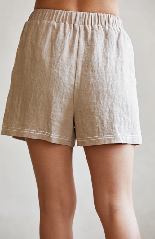 Crescent Contrast Stitch Linen Shorts In White