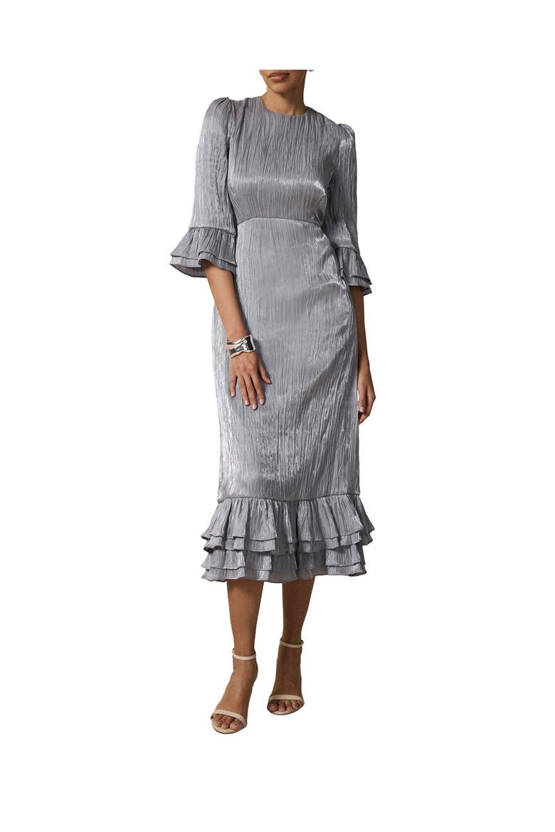 Metallic Ruffle Sleeve Midi Dress, Alternate, color, Silver