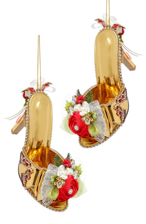 Gold Shoe Slip on with Floral Ornament, Set of 2