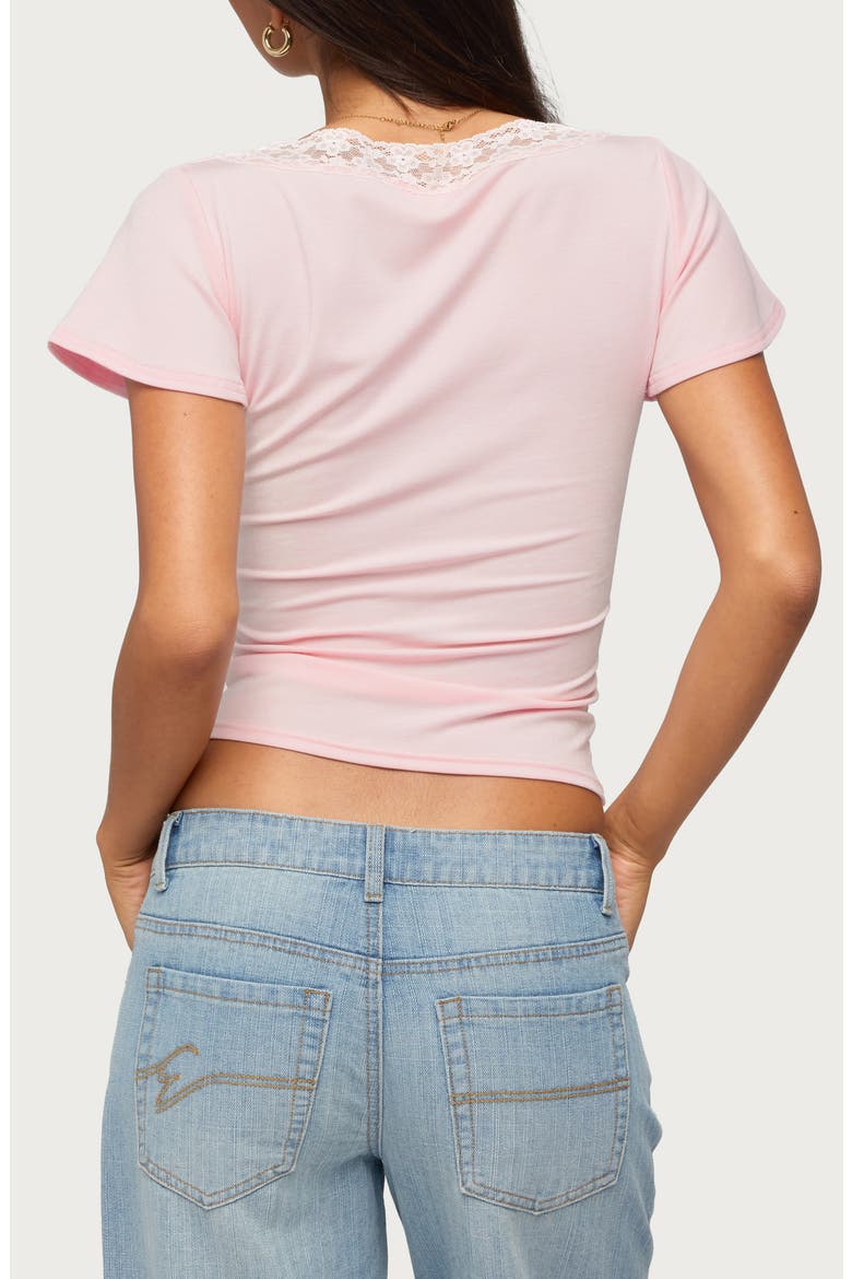 Yvetta Lacey Plunge Neck Lace Trim Sleeve Top, Alternate, color, LIGHT-PINK