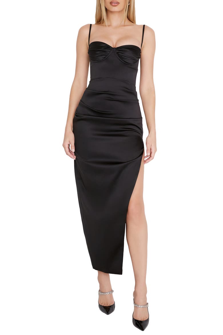 Flora Pleat Corset Midi Dress, Main, color, BLACK