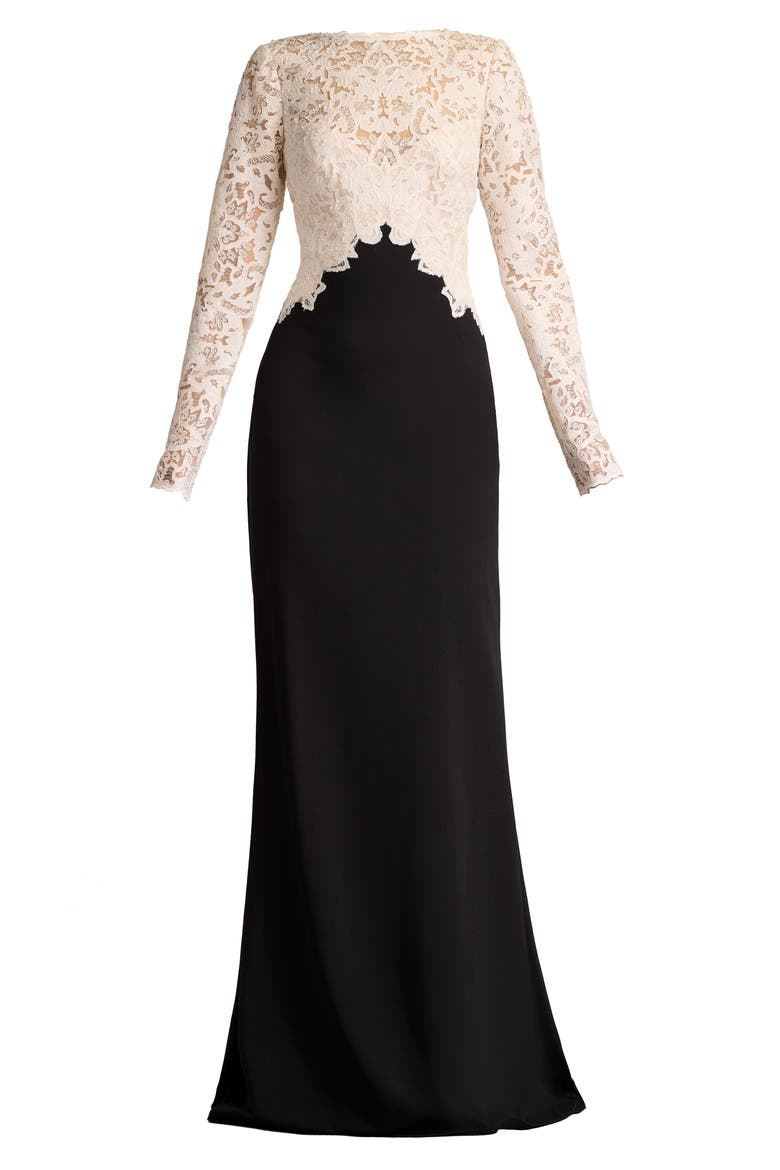 Mixed Media Long Sleeve Sequin Lace Bodice Gown, Alternate, color, IVORY/ BLACK