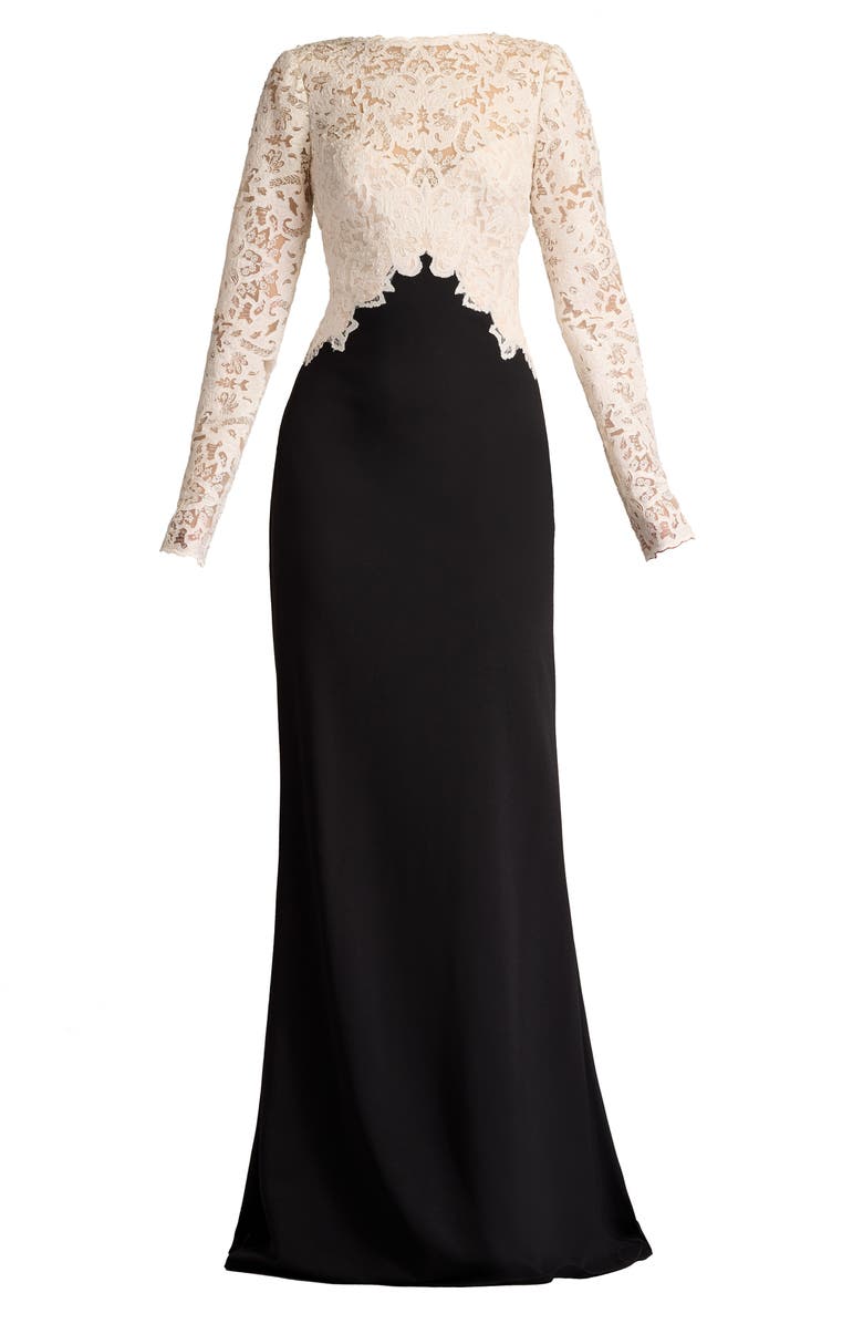 Tadashi Shoji Mixed Media Long Sleeve Sequin Lace Bodice Gown, Alternate, color, Ivory/ Black