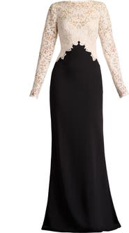 Tadashi Shoji Mixed Media Long Sleeve Sequin Lace Bodice Gown