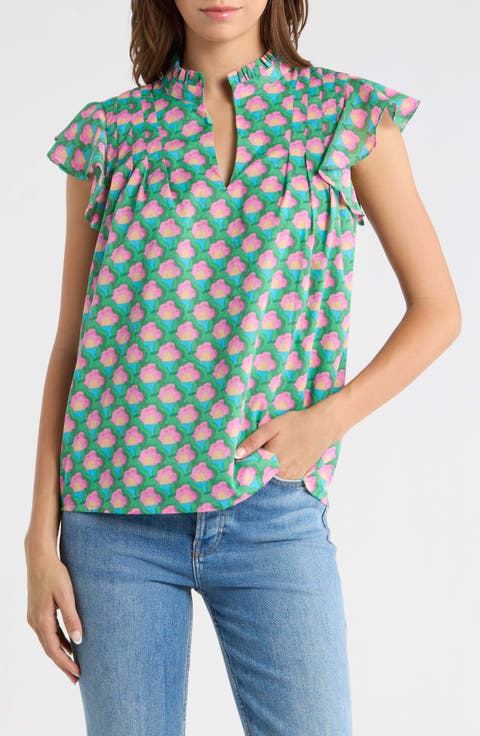 Zury Floral Everly Split Neck Stretch Cotton Top