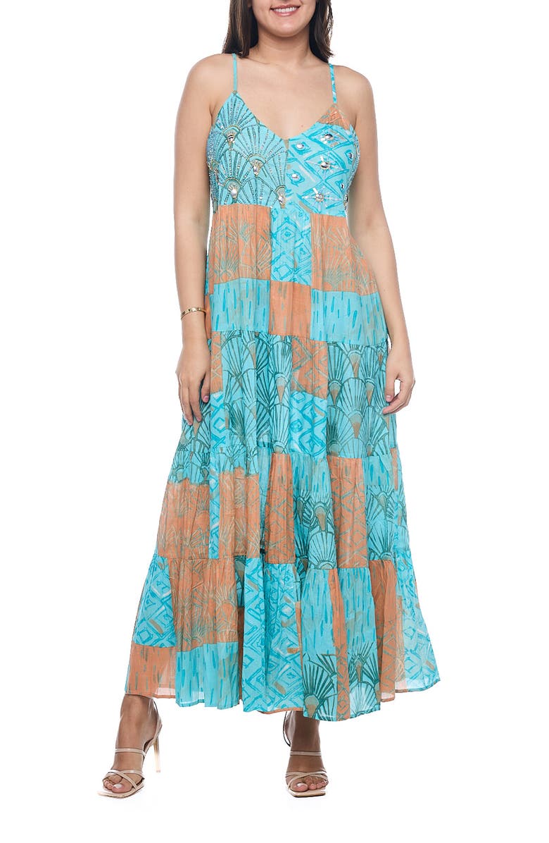 RANEES Patchwork Cotton Maxi Sundress, Main, color, Brown