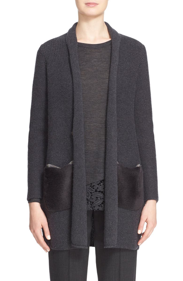 Fabiana Filippi Wool Blend Shawl Cardigan with Genuine Shearling Patch Pockets, Main, color,