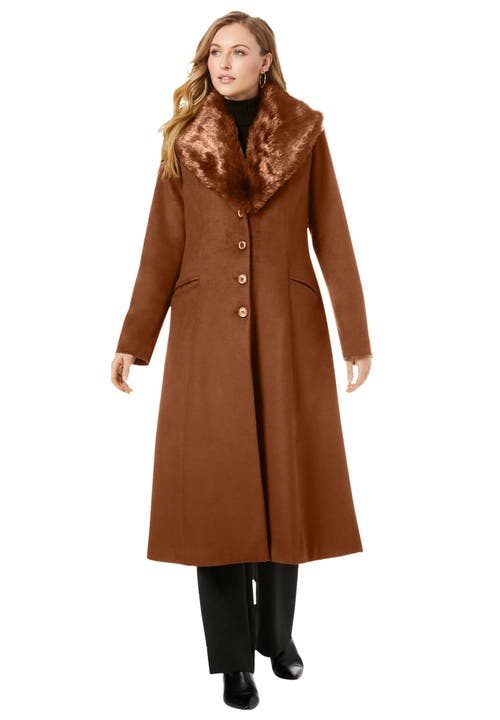Jessica London Long Wool-blend Coat With Faux Fur Collar In Brown
