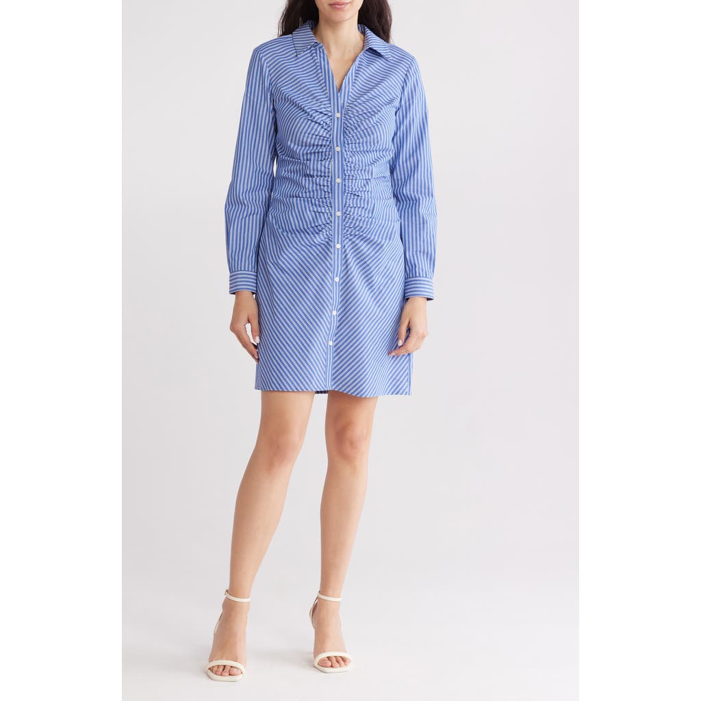 Shop Eliza J Ruched Long Sleeve Shirtdress In Navy Ivory