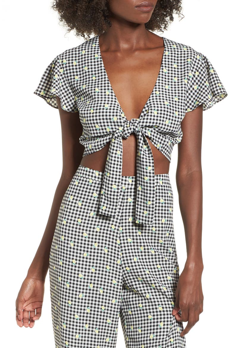 Gingham Tie Front Crop Top, Main, color, GINGHAM LEMON PRINT