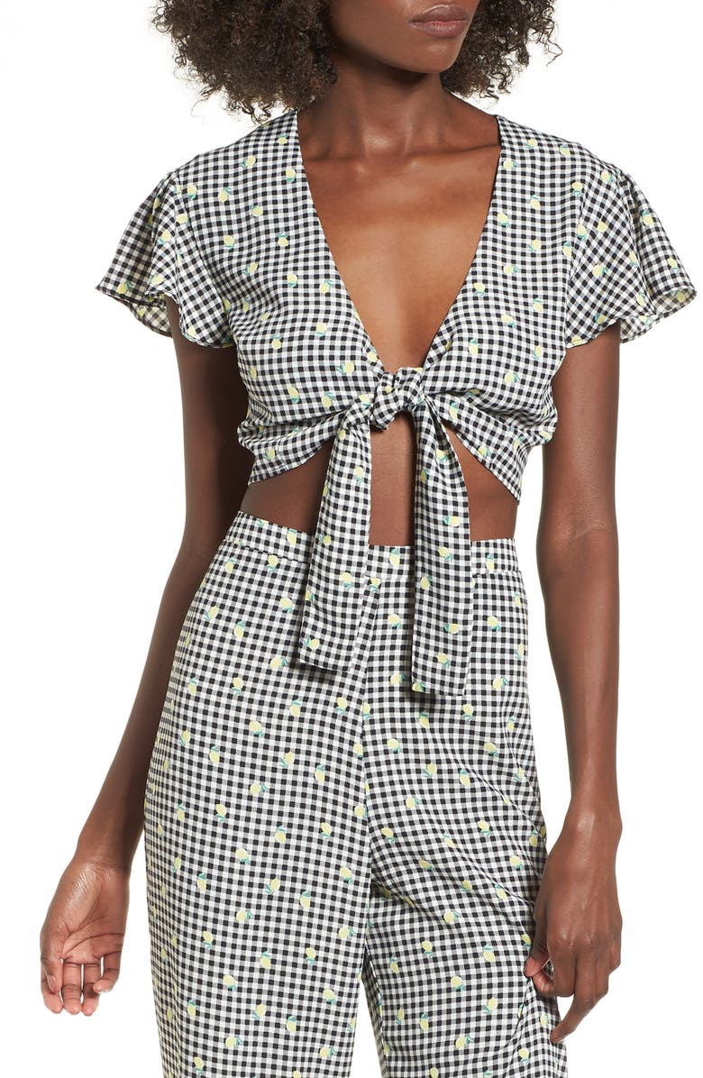 Love, Fire Gingham Tie Front Crop Top, Main, color, 