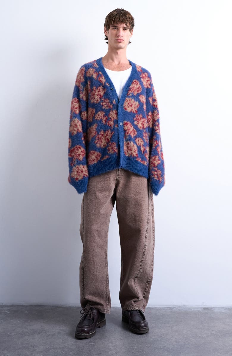 Topman Relaxed Fit Floral Jacquard Cardigan, Alternate, color, Purple
