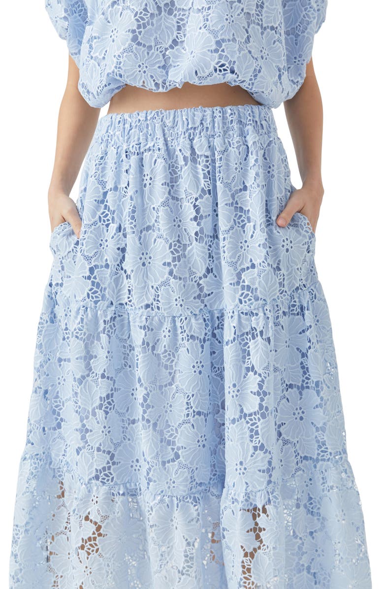 Endless Rose Tiered Sequin Lace Maxi Skirt, Alternate, color, Powder Blue
